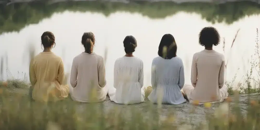 plano mujeres sentadas junto al lago plano mujeres sentadas junto al lago