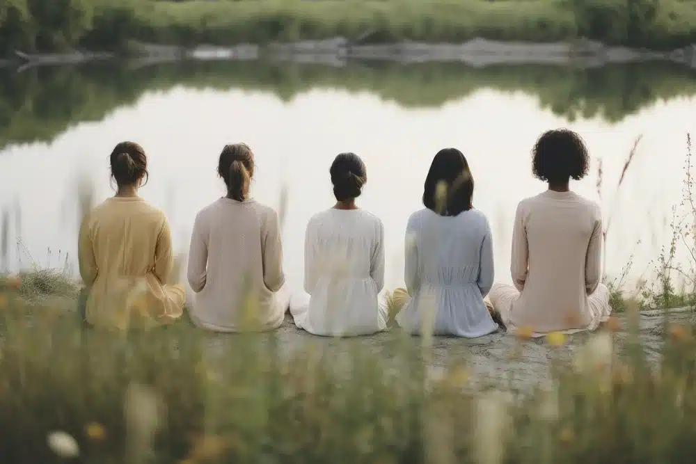plano mujeres sentadas junto al lago plano mujeres sentadas junto al lago