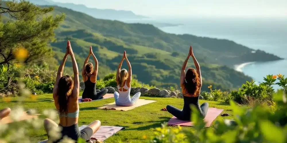 chicas mirador montaña haciendo yoga chicas mirador montaña haciendo yoga