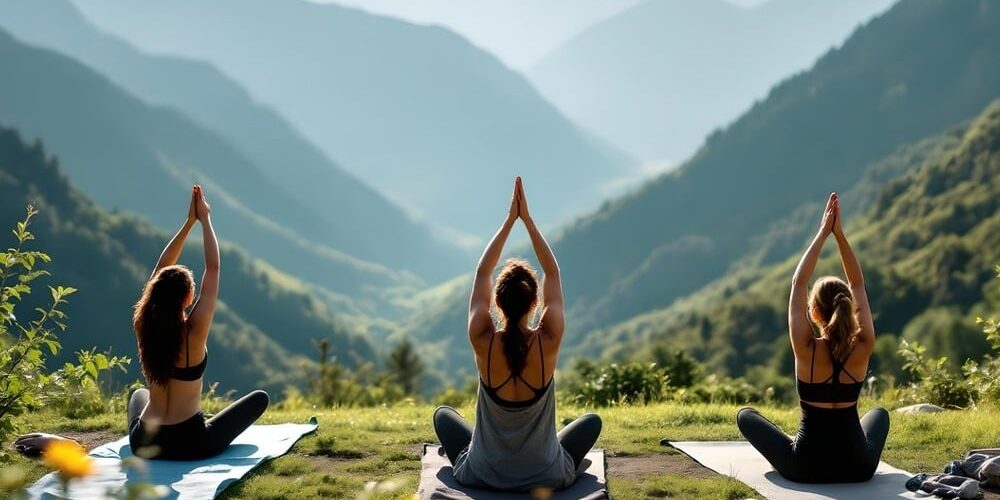 grupo de personas practicando yoga con vistas a un paisaje montanoso en un dia soleado grupo de personas practicando yoga con vistas a un paisaje montanoso en un dia soleado