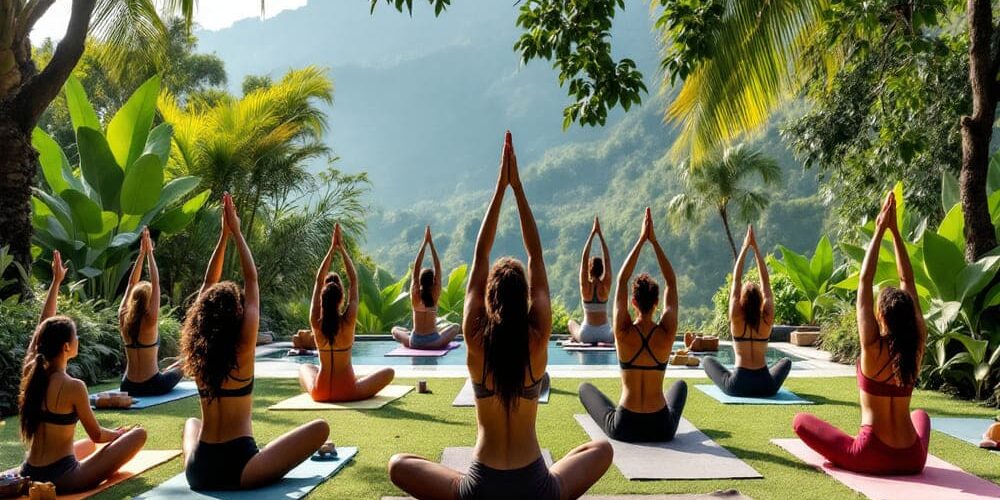 personas en posturas de yoga en un claro del bosque con vistas panoramicas personas en posturas de yoga en un claro del bosque con vistas panoramicas