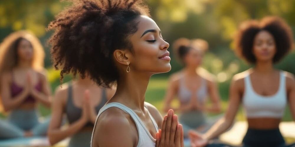 joven afroamericana practica yoga aire libre meditacion joven afroamericana practica yoga aire libre meditacion