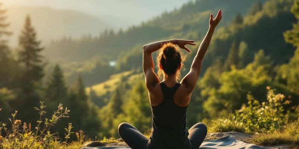 persona meditando sentada en roca con vistas a montanas y arboles en paisaje natural al amanecer persona meditando sentada en roca con vistas a montanas y arboles en paisaje natural al amanecer