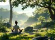 A photograph of a serene meditation retreat setting