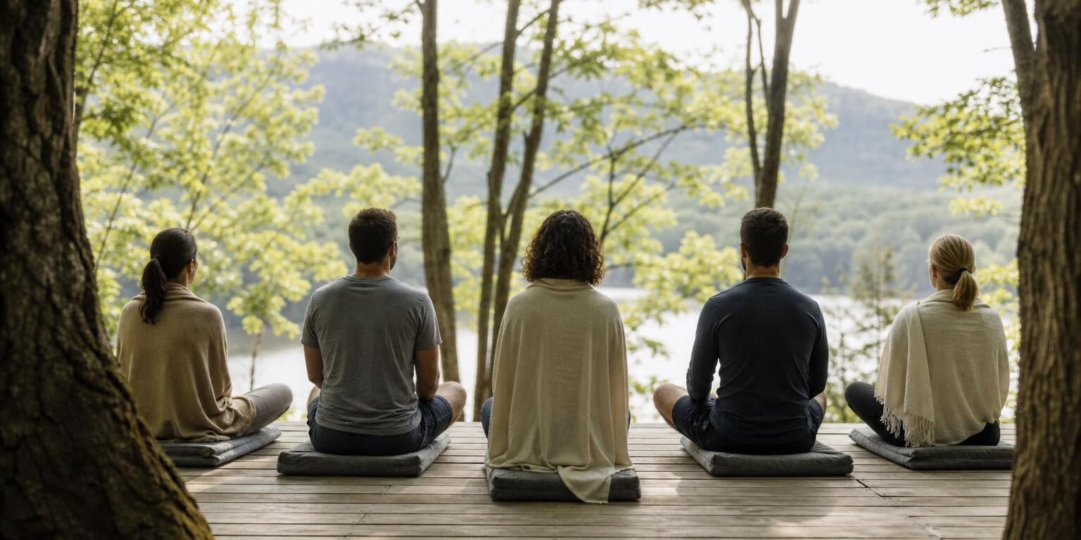 Five people sit in a row on cushions, meditating with their backs to the camera on a wooden deck overlooking a serene lake and forest. Five people sit in a row on cushions, meditating with their backs to the camera on a wooden deck overlooking a serene lake and forest.